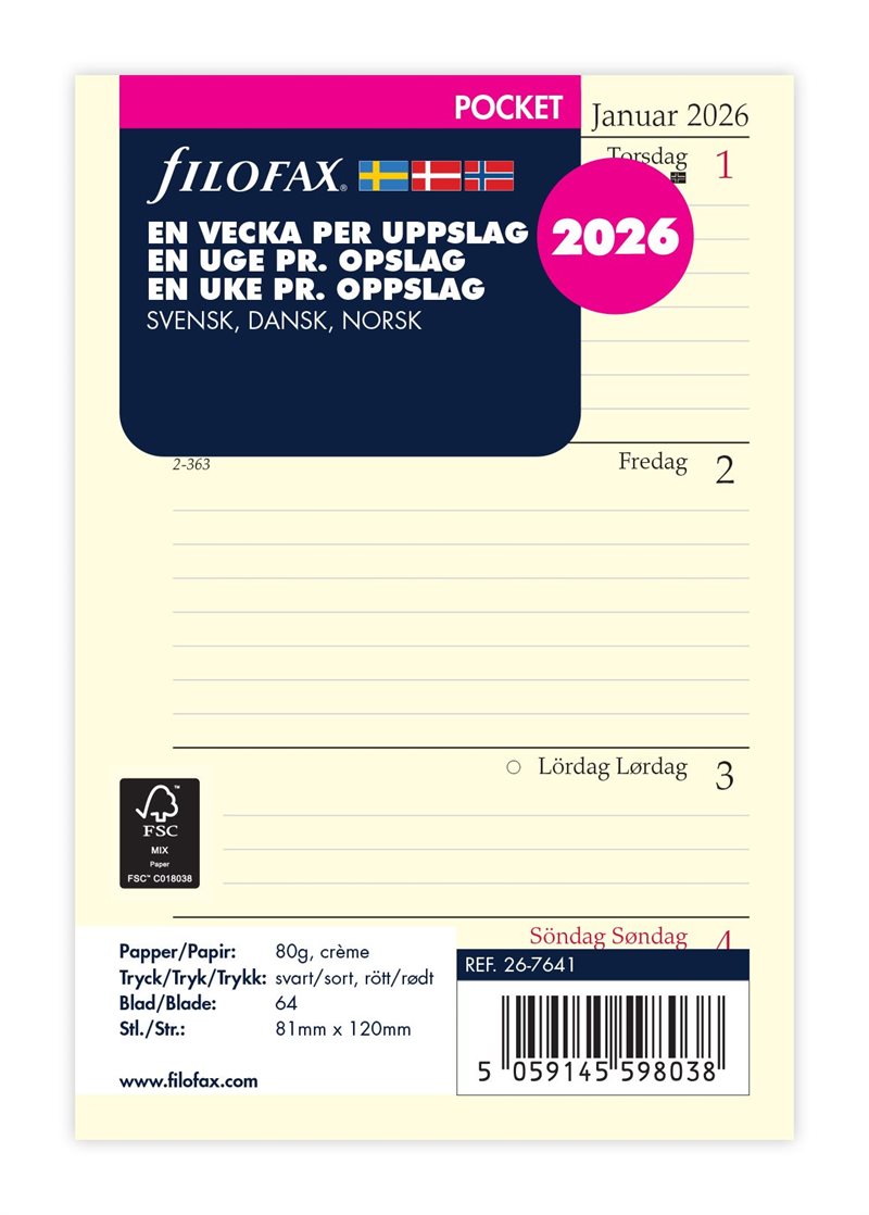 Filofax Pocket Refill 2026 Vecka/Uppslag.  Språk svensk/dansk/norsk